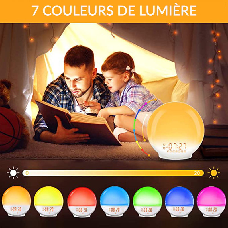 Réveil Lumineux, Radio Réveil Simulateur d'Aube et Crépuscule 20 Niveaux de  Luminosité 7 Sons Naturel Fonction Snooze Radio FM 7 Couleurs Lampe de  Chevet LED Lampe d'ambiance Lampes de Réveil Cadeau 